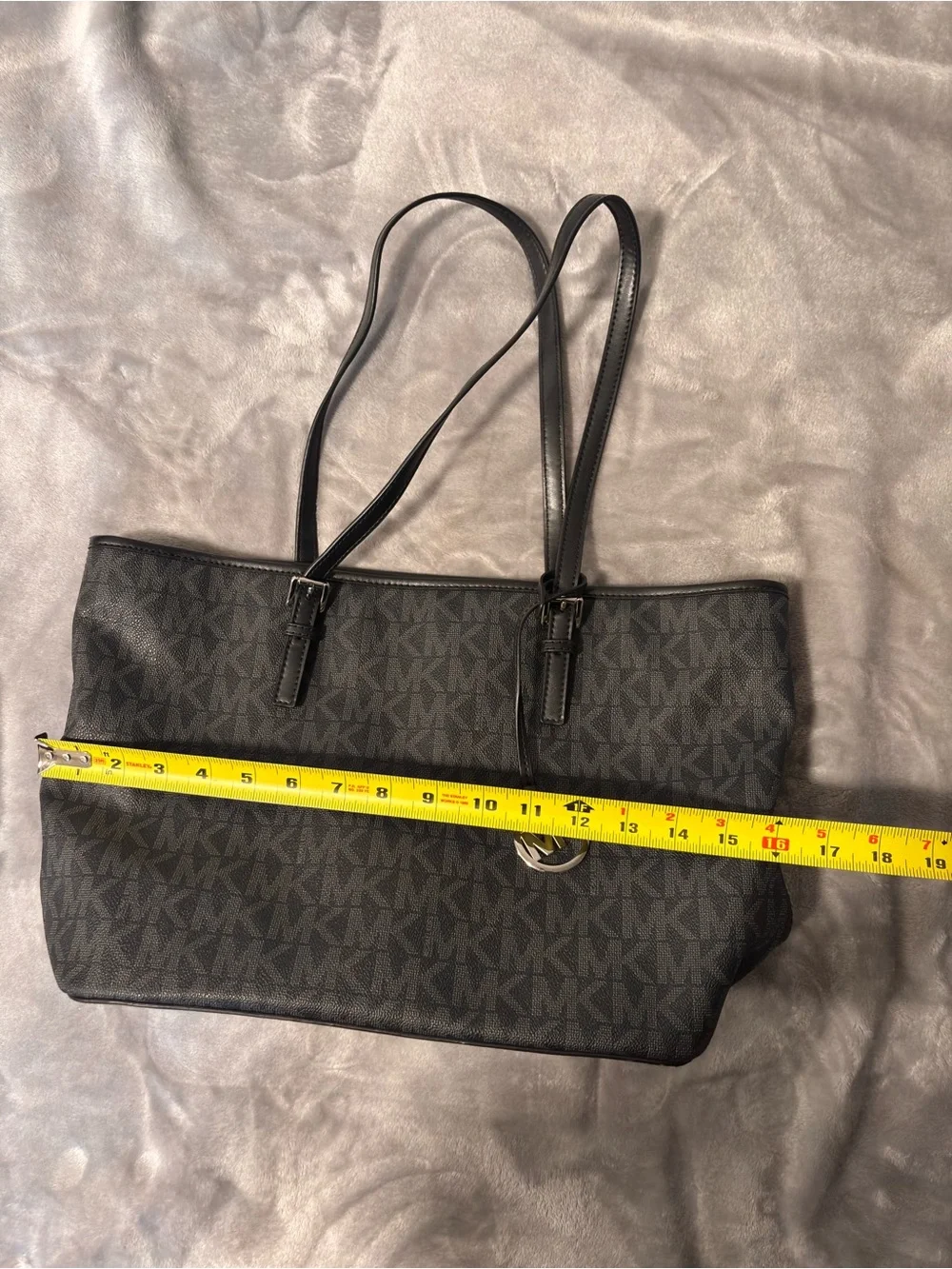 Michael Kors Black MK Monogram Tote with Silver Accent Charm